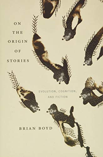 Book cover: "On the Origin of Stories" with fish-like patterns.