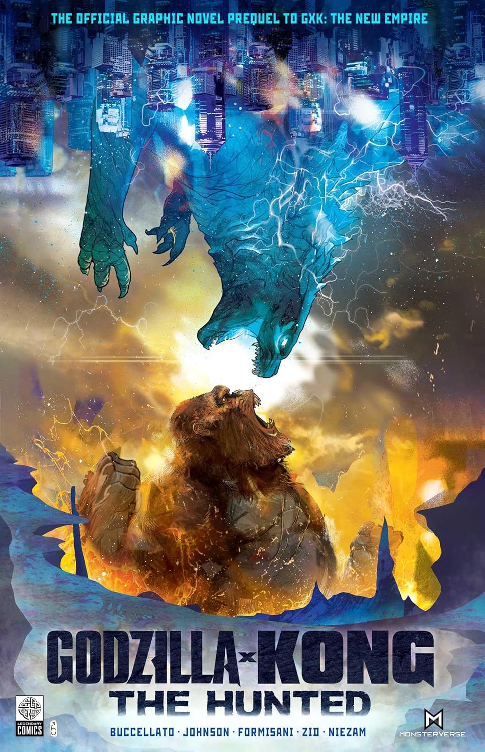 Godzilla and Kong face off amidst electric energy, graphic novel cover.