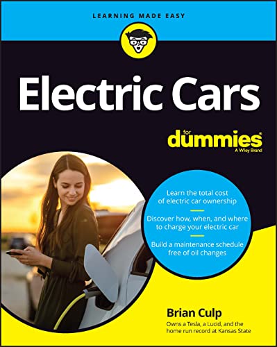Book cover: "Electric Cars For Dummies" with a woman charging an EV.