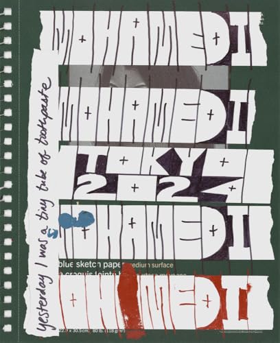 Collage with layered text, a small blue shape, and a grayscale photo.