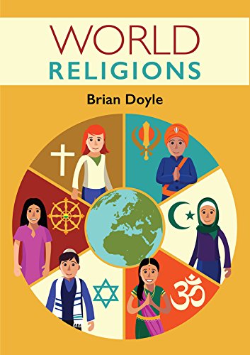 Book cover for “World Religions” featuring diverse people and symbols.