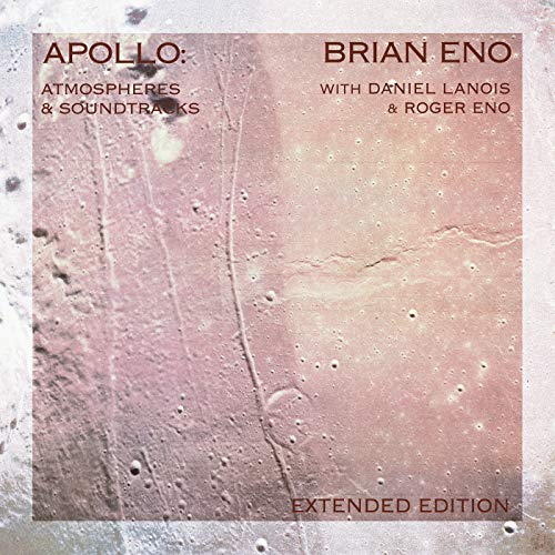 Album cover featuring a lunar surface background with text overlay for Brian Eno Apollo.