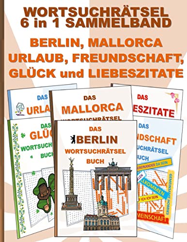 Six word search puzzle books stacked, themed around travel and love.