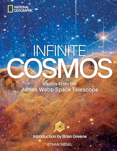 Book cover: “Infinite Cosmos” with nebula image and telescope illustration.