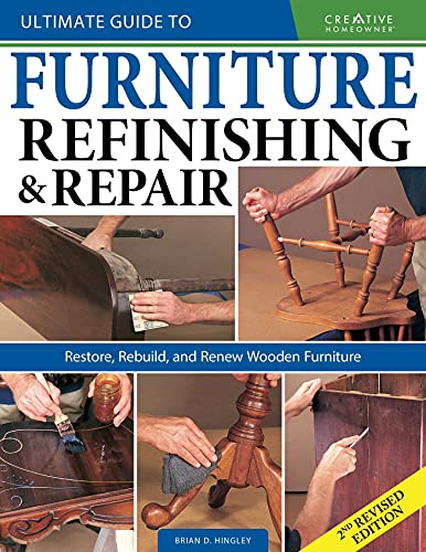 Book cover showing hands repairing and refinishing wooden furniture with various tools and techniques.