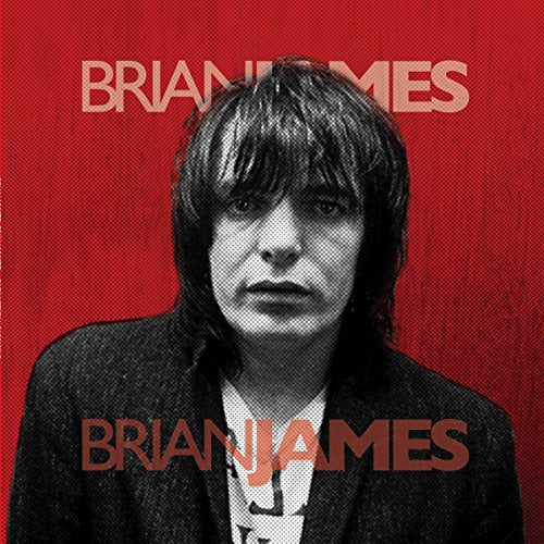 Black and white portrait of Brian James against a red textured background.