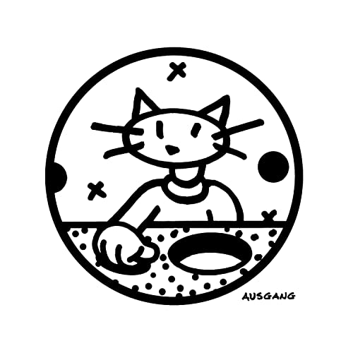 Black and white vinyl record cover with a cartoon cat DJ.