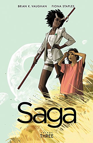 A horned woman with a spear and a child stand in tall grass.