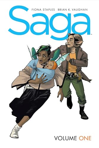 Comic book cover featuring a winged woman carrying a baby and a horned man.