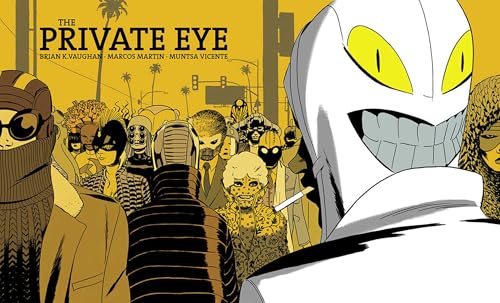 Graphic novel cover featuring a crowd of people wearing various masks against yellow background.