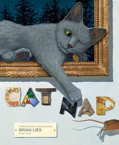 Gray cat peeks out of a gold frame, with letters and a mouse below.