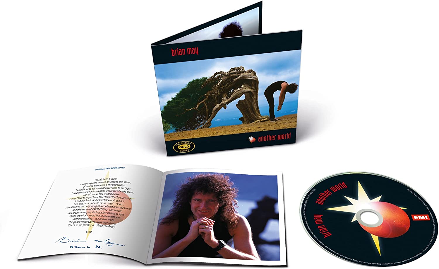 Brian May "Another World" CD case, booklet, and disc with star design.