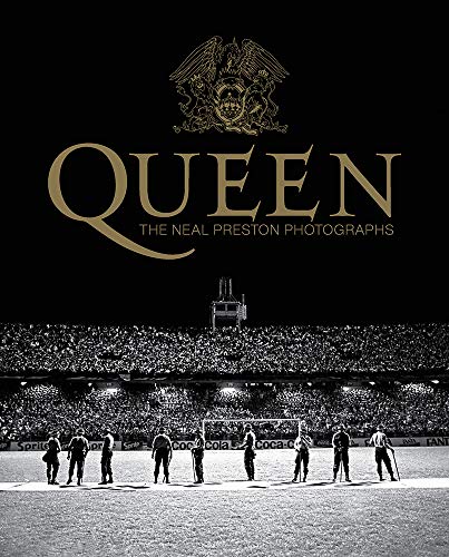 Queen book cover with band members on a soccer field stage.