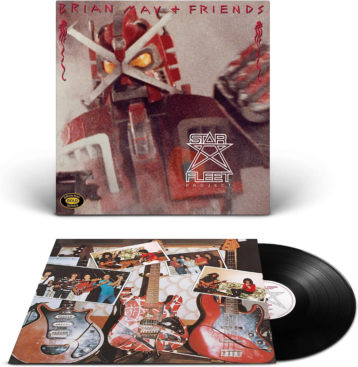 "Vinyl record and cover art for Brian May's Star Fleet Project, featuring robotic and guitar imagery."