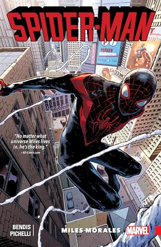 Miles Morales in his black and red Spider-Man suit swings between New York buildings.