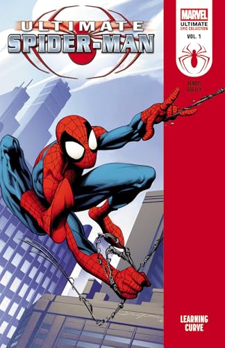 Spider-Man swinging from a chain against a city skyline, comic book cover.