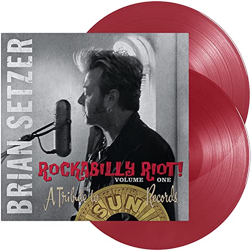 Brian Setzer album cover and two red vinyl records.
