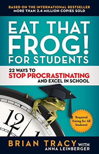 Book cover: "Eat That Frog! For Students" with a frog and clock.