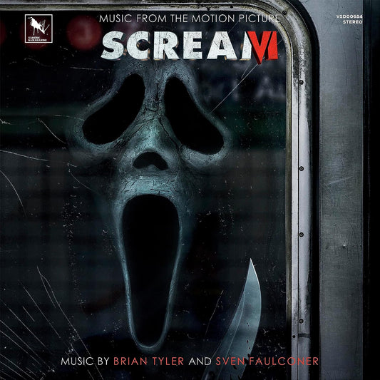 Scream VI soundtrack CD cover featuring the Ghostface mask behind cracked glass.