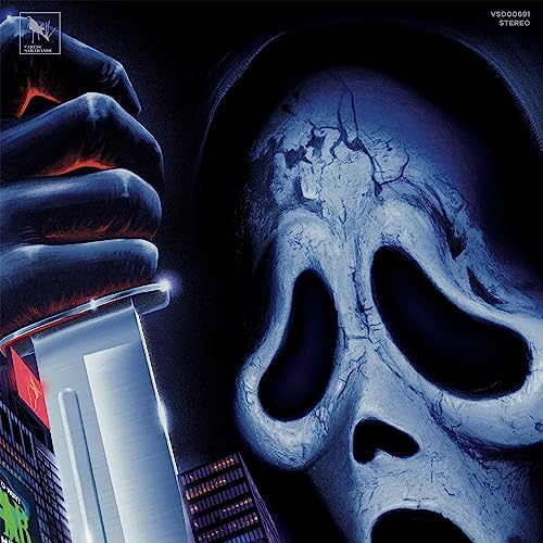 Close-up of Ghostface wearing a mask and holding a knife against a dark background.