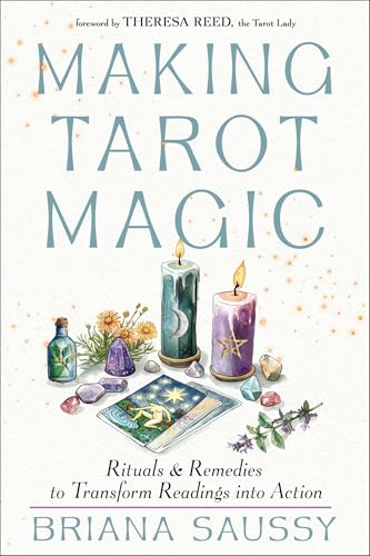 Book cover with tarot cards, candles, crystals, and floral watercolor illustrations.