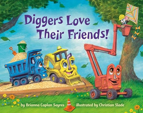 Colorful children’s book cover featuring friendly construction vehicles and a monkey.