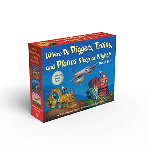 Boxed set of three board books featuring diggers, trains, and planes.