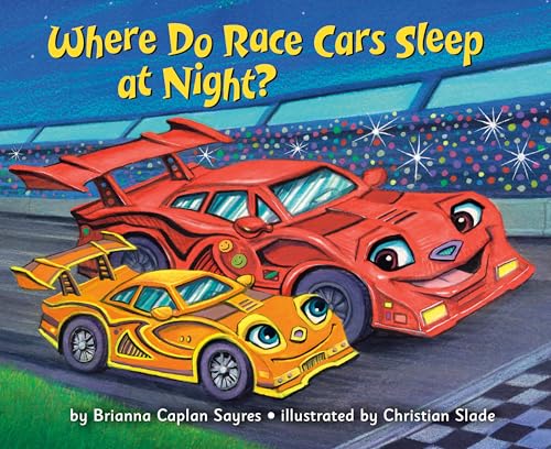 Red and yellow cartoon race cars with smiling faces on a track.
