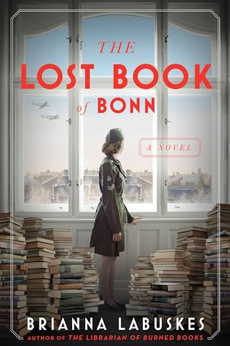 Book cover: woman by a window, stacks of books below, wartime scene.