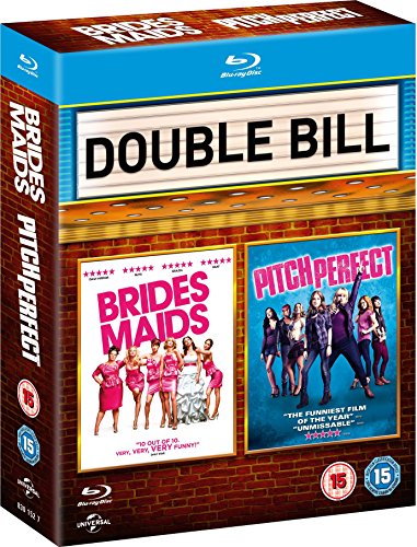 Blu-ray double bill featuring movie posters for “Bridesmaids” and “Pitch Perfect”.