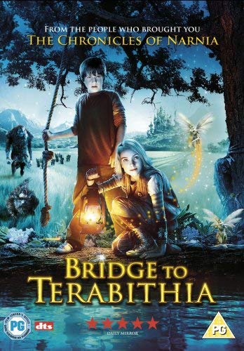 DVD cover for "Bridge to Terabithia" featuring two children and fantasy creatures.
