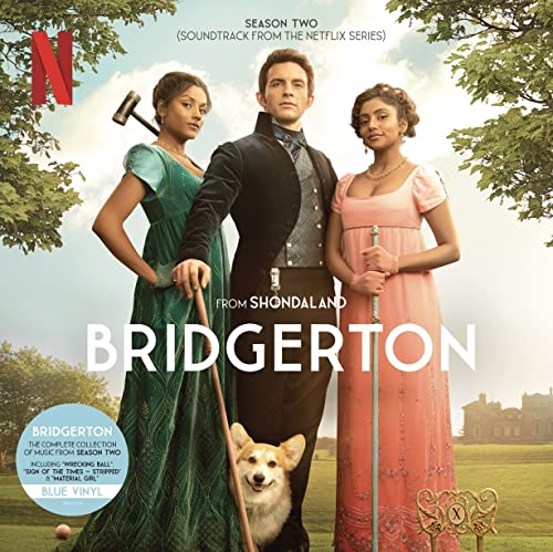 Bridgerton Season 2 vinyl record cover featuring three actors and a corgi.