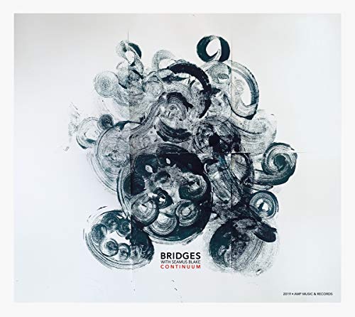 "Album cover with abstract black swirls on a white background, titled 'Bridges with Seamus Blake'."
