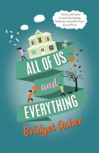 Book cover with a teal background showing a house, people, and falling autumn leaves.