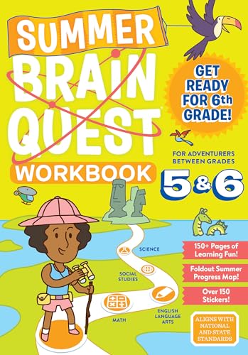 Summer Brain Quest workbook cover for grades 5 and 6 with a cartoon explorer.