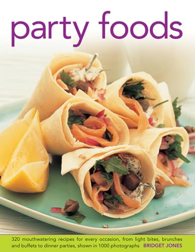 Cookbook cover featuring rolled appetizers on a teal plate, text reads "party foods".