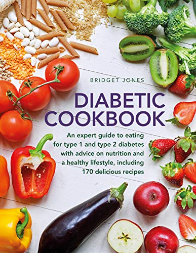 The cover of The Diabetic Cookbook features fresh vegetables, fruits, and grains on wood.