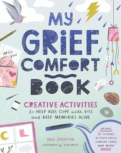 Book cover with illustrated lettering, doodles, and the title "My Grief Comfort Book".