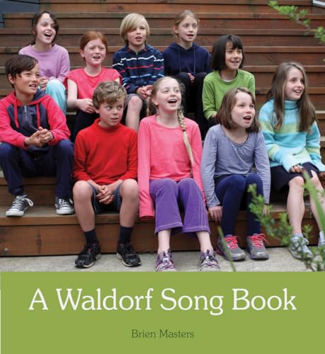 A group of children sitting on wooden steps singing, with book title text below.