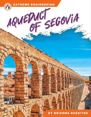 Stone arches of the ancient Roman Aqueduct of Segovia against a blue sky.