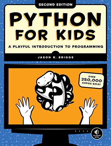 Book cover for Python for Kids featuring a snake illustration on a computer screen.