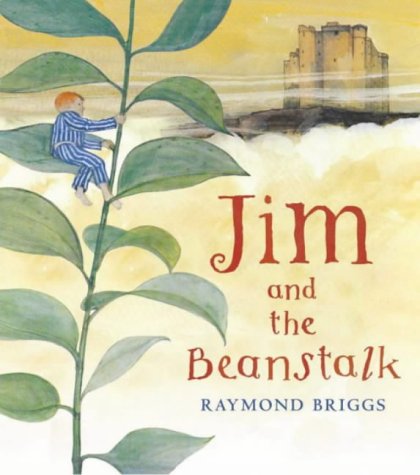 "Book cover of 'Jim and the Beanstalk' showing a boy being measured by a giant hand."
