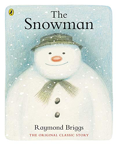 Book cover of The Snowman by Raymond Briggs featuring a snowman in falling snow.