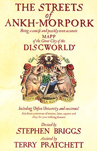 Book cover for The Streets of Ankh-Morpork featuring a coat of arms with hippos.