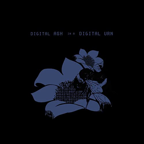 Dark album cover with a blue flower and binary code details.
