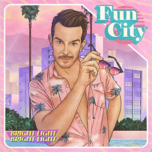 "Album cover featuring a man in a pink shirt with a cityscape background."