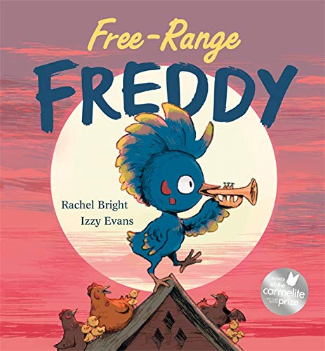 Blue bird Freddy plays a trumpet atop a barn with chickens.