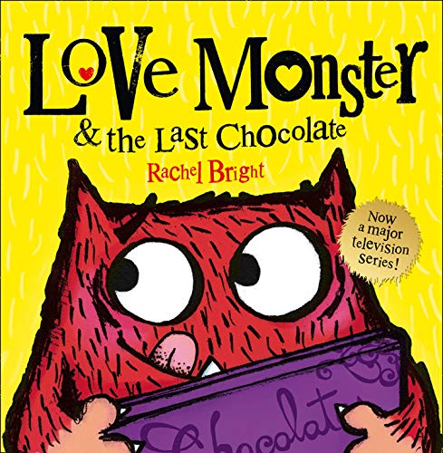 Pink monster with large eyes holding a purple chocolate bar.