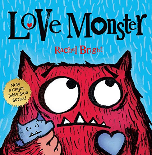Red monster with big eyes and a blue heart holds a bandage.