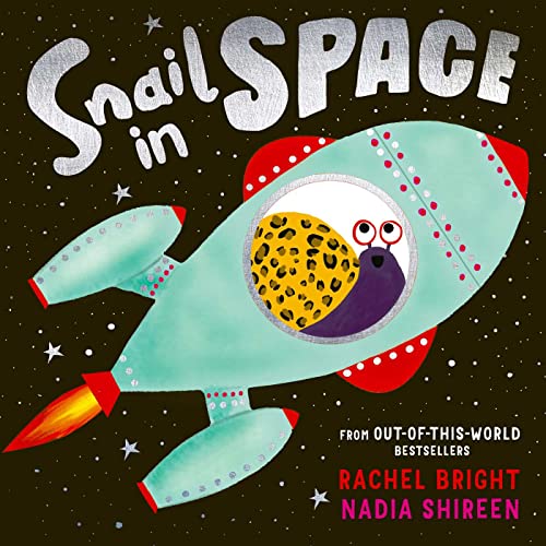 A snail with a leopard-print shell sits in a rocket ship in outer space.